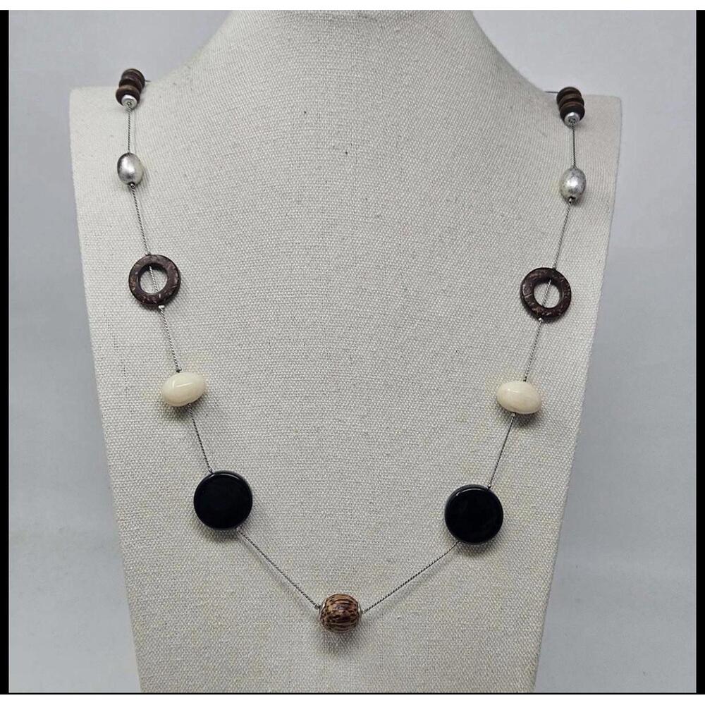 Natural Wood & Nut Station Bead Necklace 36” Long Boho Earth Tone Unmarked